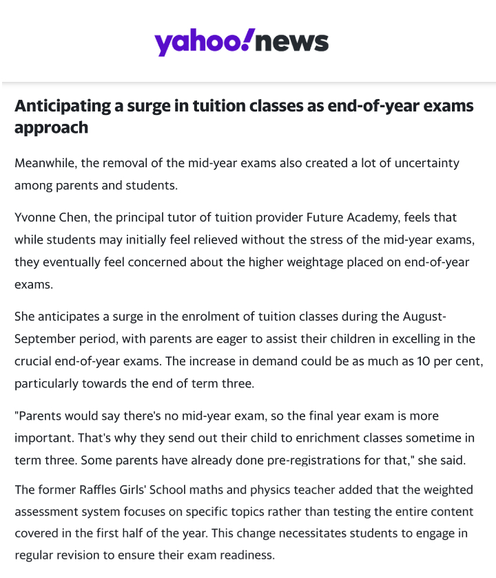 Our Tutor's Comments On Mid-Year Exams Are On Yahoo News 2